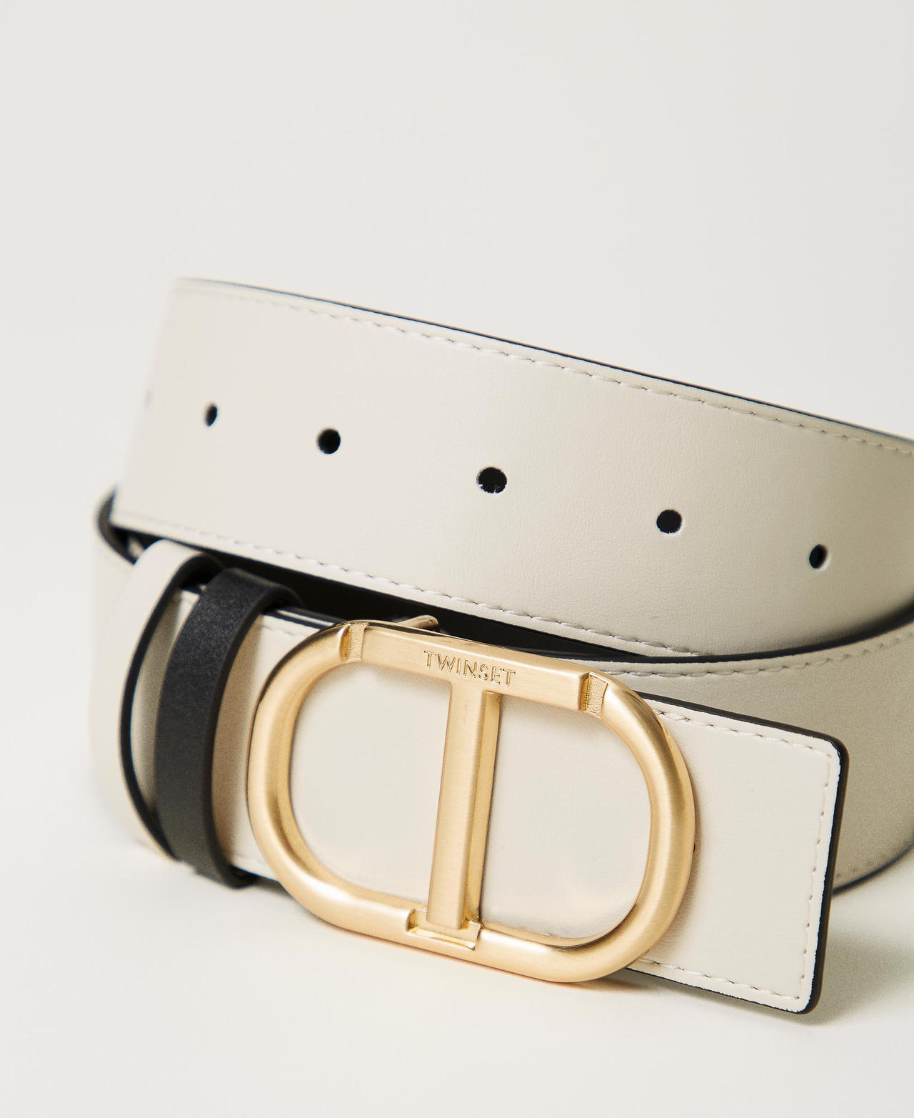 Reversible leather belt with buckle Bicolour Black / Mother-of-pearl White Woman 251TA4380_02710_03