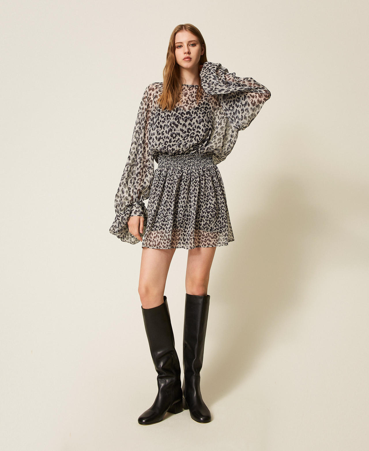 Short animal print voile dress Grey Animal Print Woman 252AP2333_12665_01