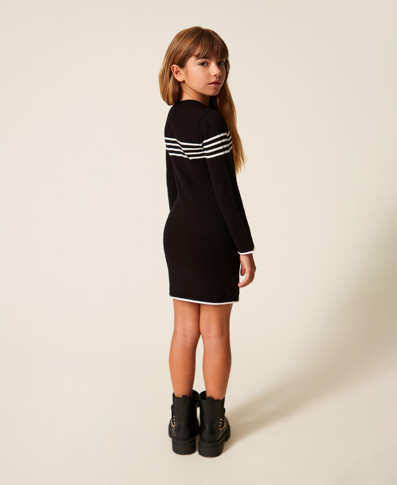 Girls' short dress with stripes and Oval T Black/Off White Girl 252GB309B_12732_03