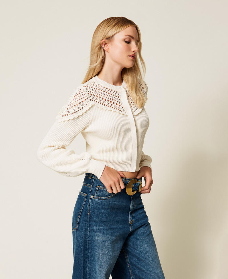 Wool blend cardigan with crochet details "Parchment" Beige Woman 252TP3100_07222_02