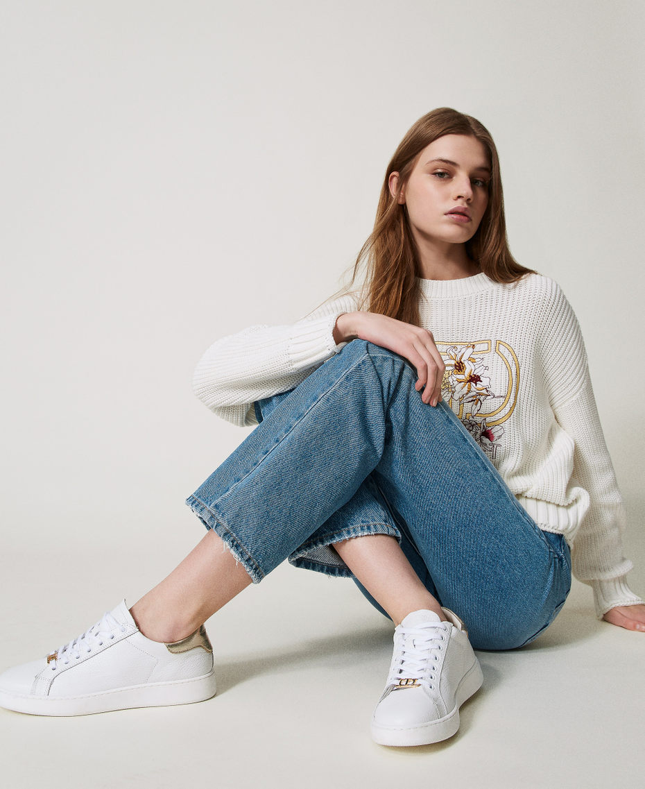 Leather trainers with laminated detail Two-tone Optical White / Gold Woman 251TCP048_07049_T0