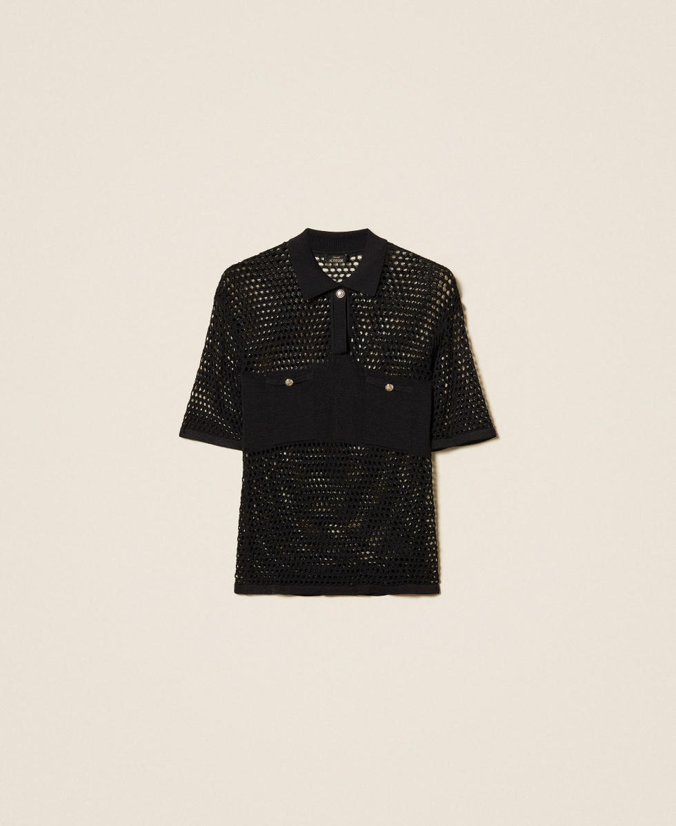 Pull polo avec maille point filet Noir Femme 261AP3033_00006_S0