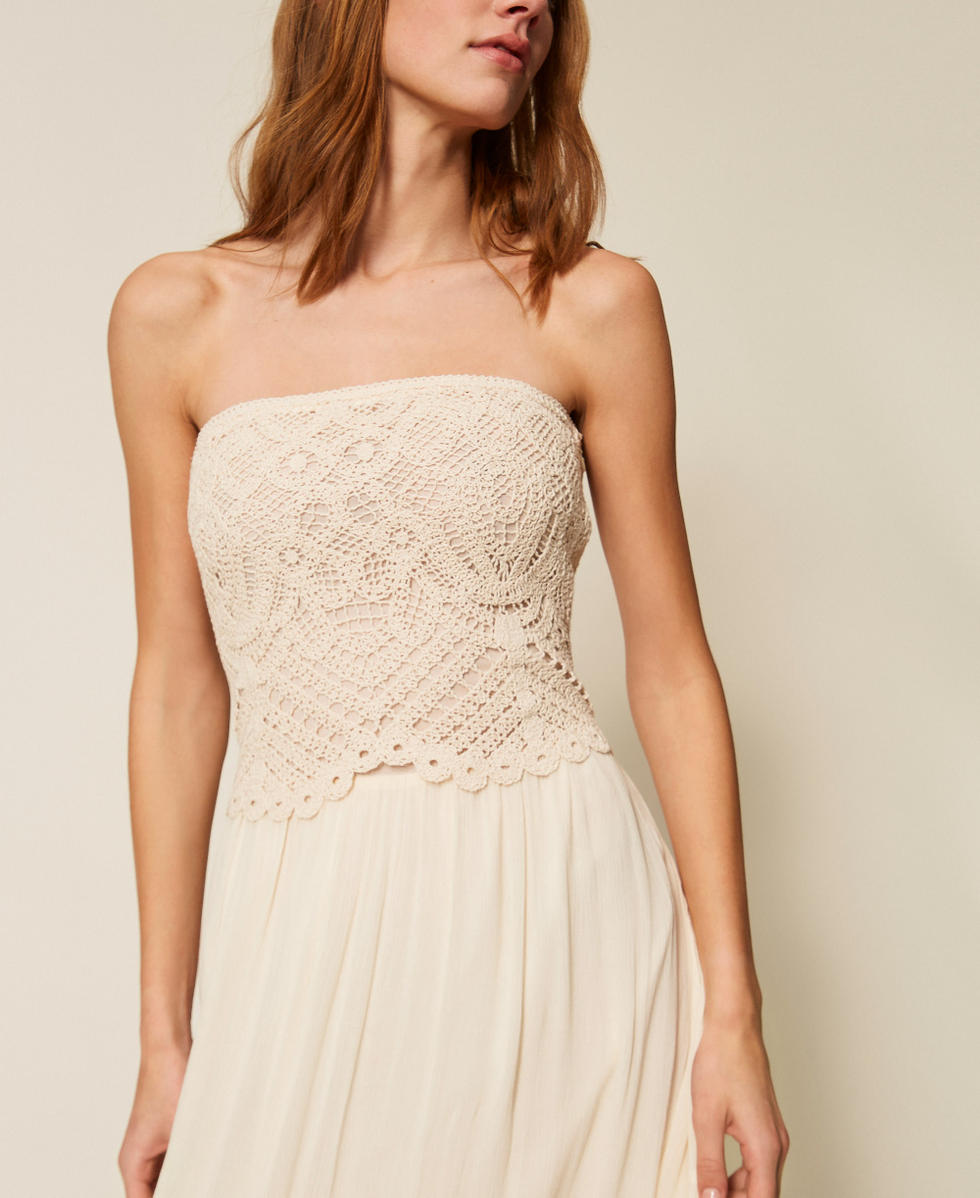 Robe longue en crochet et mousseline Blanc Vanille Femme 261LM2NNN_00145_04