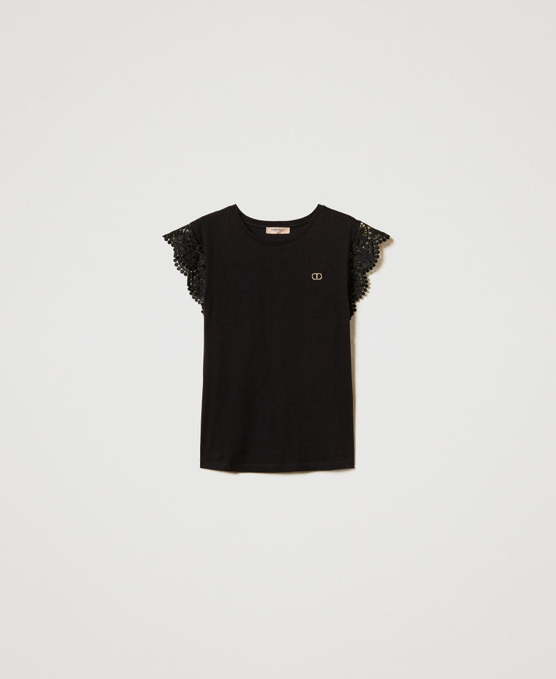 T-shirt with lace cap sleeves Black Woman 251TT2411_00006_S0