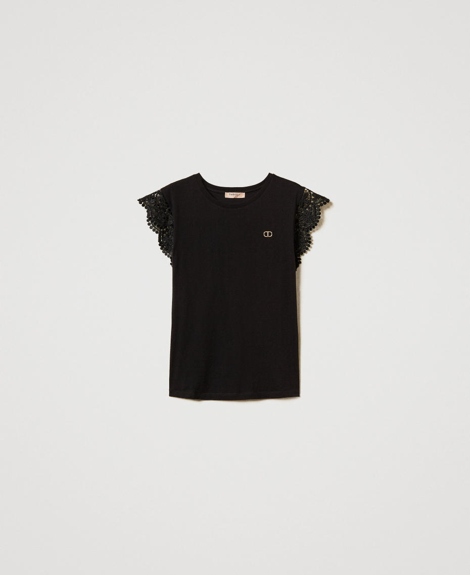 T-shirt with lace cap sleeves Black Woman 251TT2411_00006_S0
