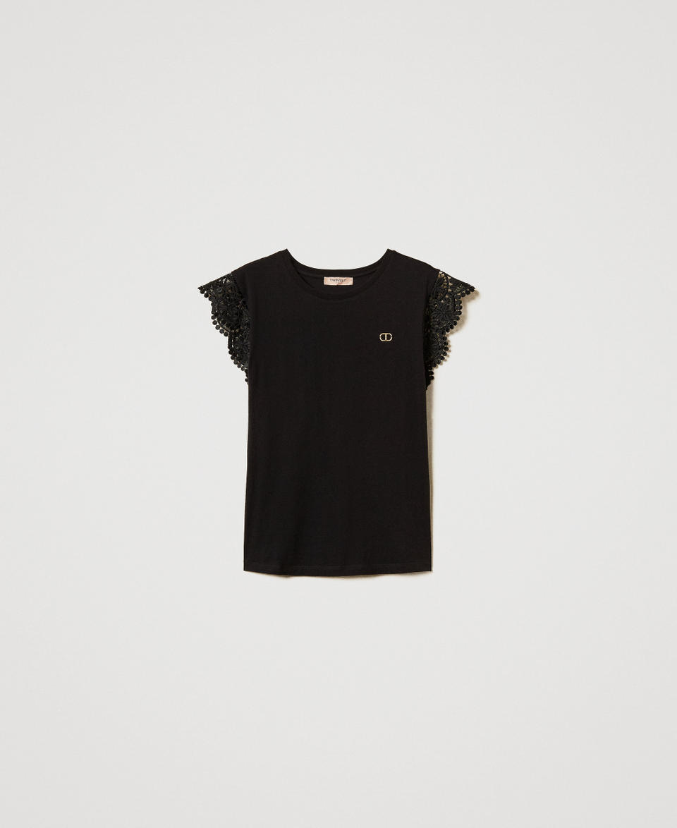 T-shirt with lace cap sleeves Black Woman 251TT2411_00006_S0