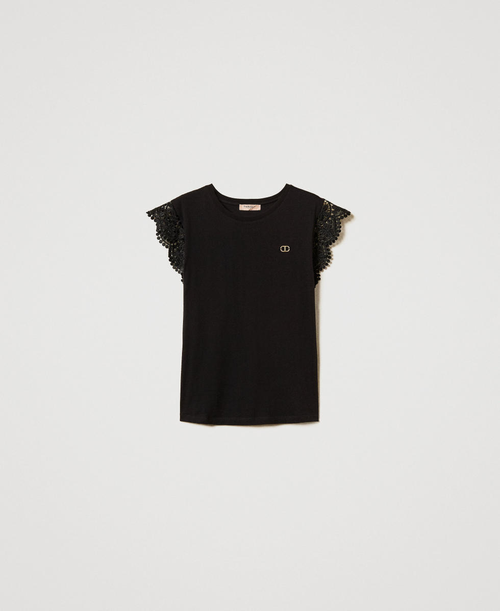 T-Shirt mit Fl&uuml;gel&auml;rmeln aus Spitze Schwarz Frau 251TT2411_00006_S0