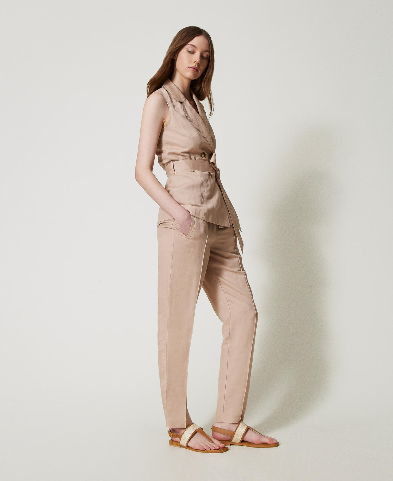Linen blend cigarette trousers Rose Desert Woman 251LL2BCC_12109_02
