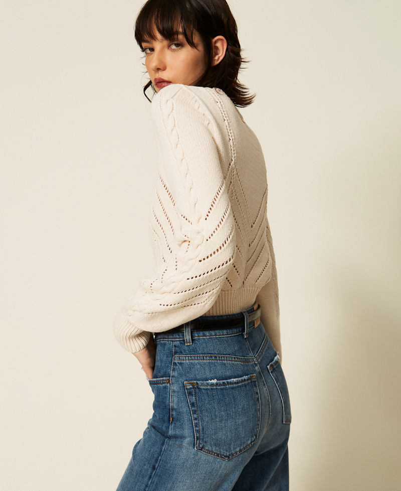 Cropped wool blend jumper with chevron design "Parchment" Beige Woman 262TP3192_07222_02