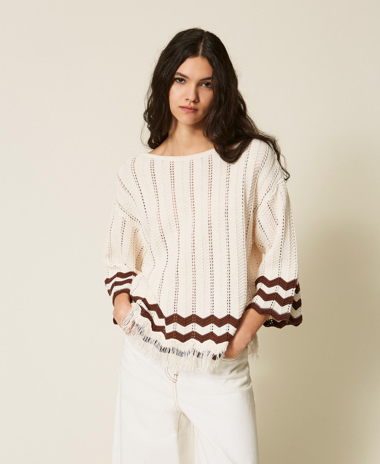 Pull avec zigzag et franges Bicolore Blanc &laquo;&nbsp;Milk&nbsp;&raquo;/Chocolate Lab Femme 261AP3061_13364_01