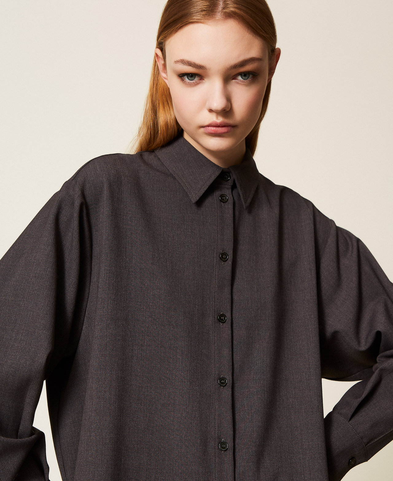 Oversized shirt with side slits Charcoal Grey Melange Woman 252TF2040_12840_PD