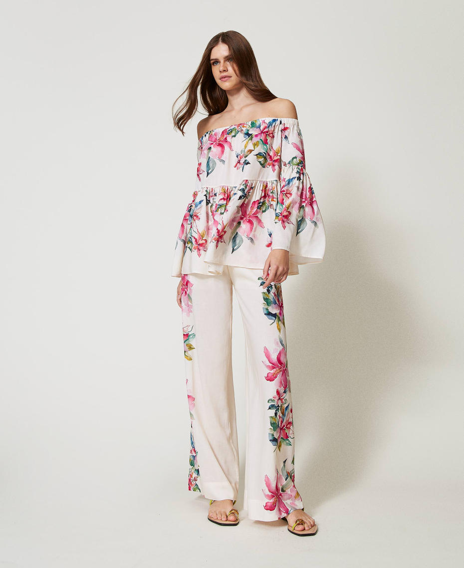 Linen blend trousers with floral print Mother of pearl/Multicolour Stripe Print Woman 251LB2UCC_12198_01