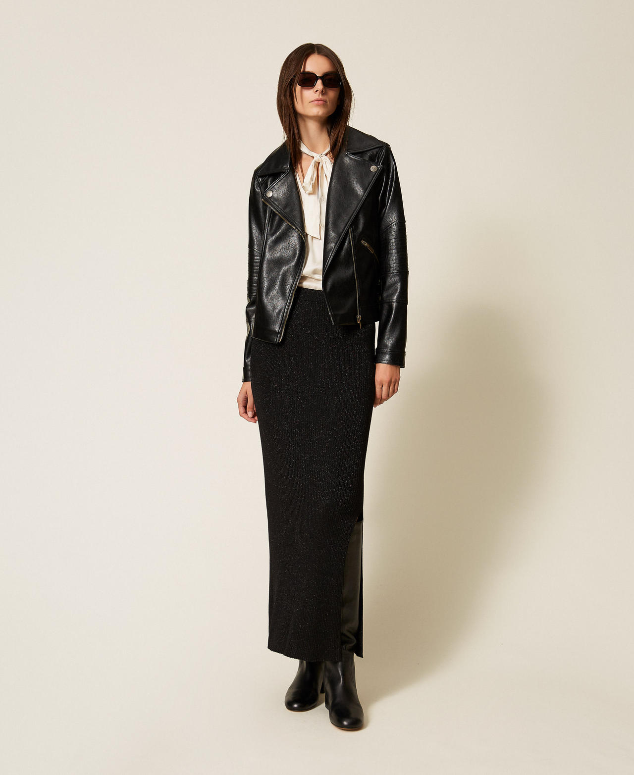 Falda midi de punto con lúrex Lúrex Negro Mujer 252LL3LDD_12957_02