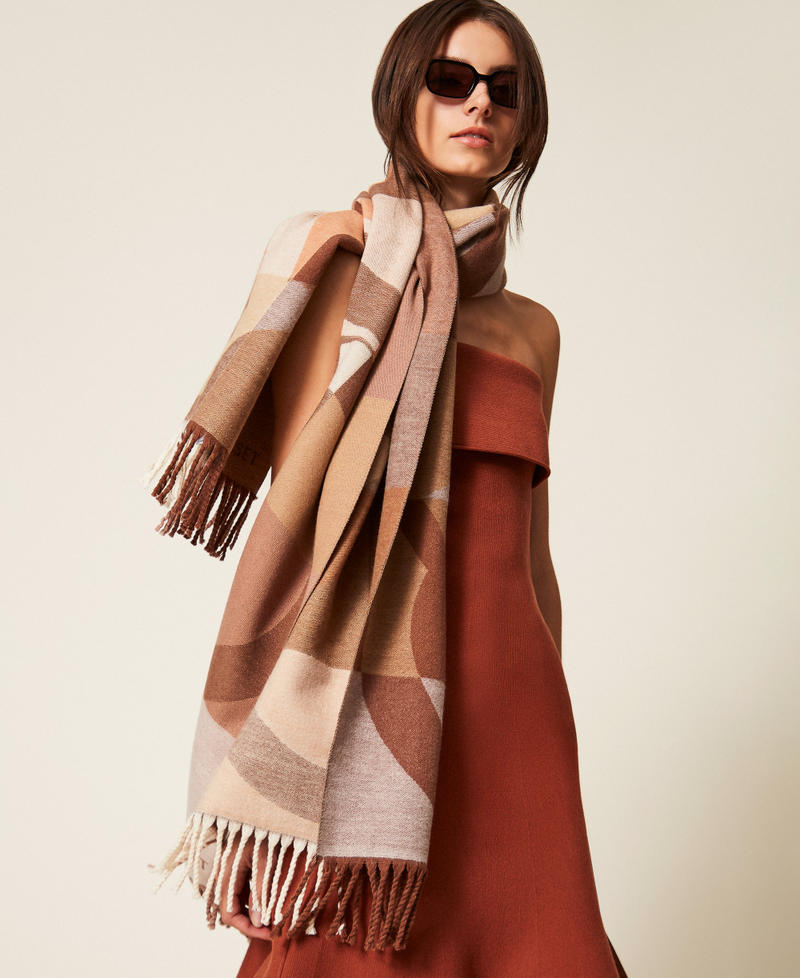 Jacquard wool cloth stole with Oval T Land Brown Woman 252TA4170_12605_T0