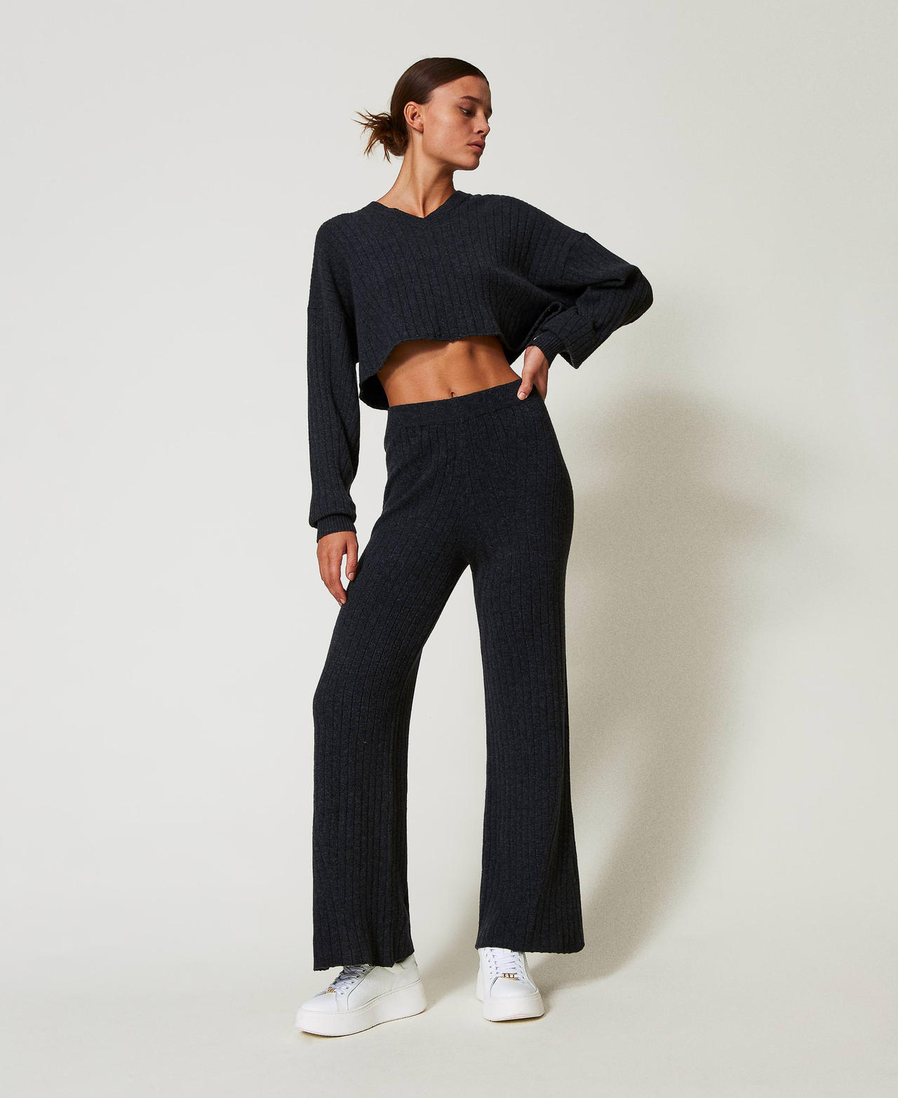 Wool blend knit palazzo trousers Melange Charcoal Grey Woman 242TT3361_12030_01