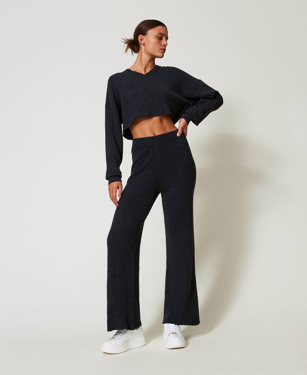 Wool blend knit palazzo trousers Melange Charcoal Grey Woman 242TT3361_12030_01