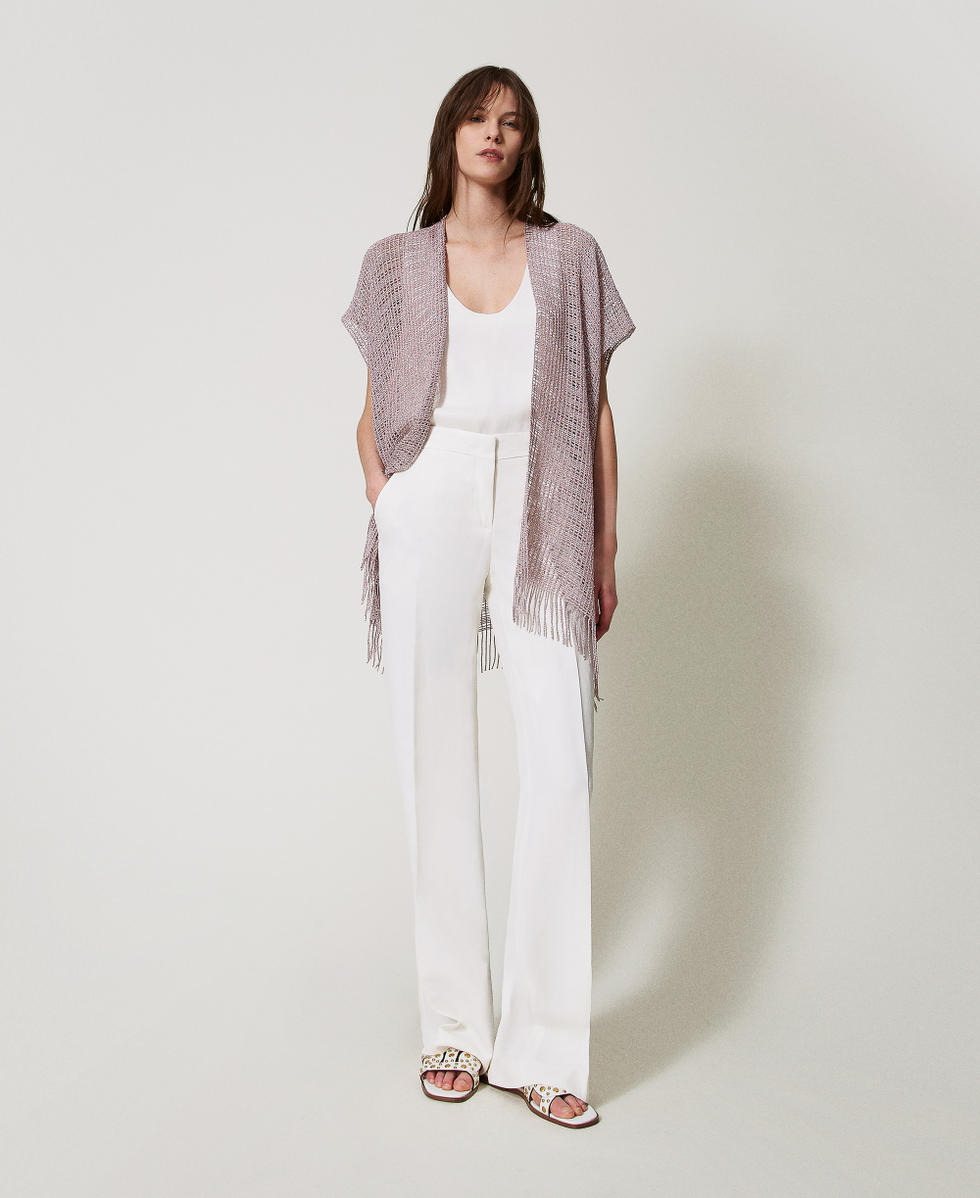 Short mesh and lurex kaftan with fringes Lilac Flowers Woman 251TO5190_00703_T0