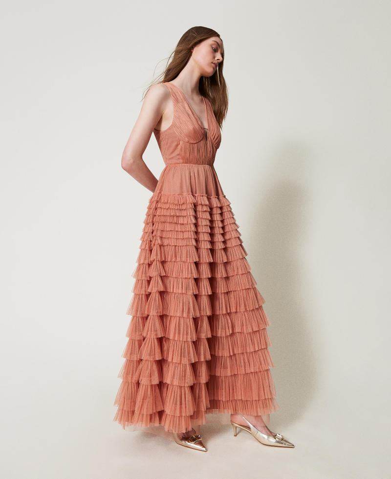Robe longue en tulle plissé Dusty Coral Femme 251TQ2043_12364_02