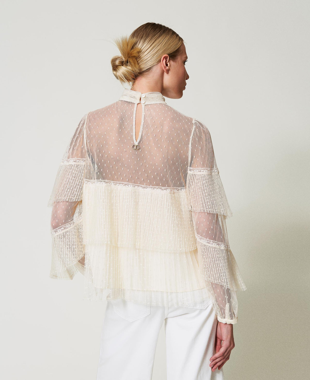 Tulle blouse with pleated flounces White Snow Woman 251TP2513_00282_03