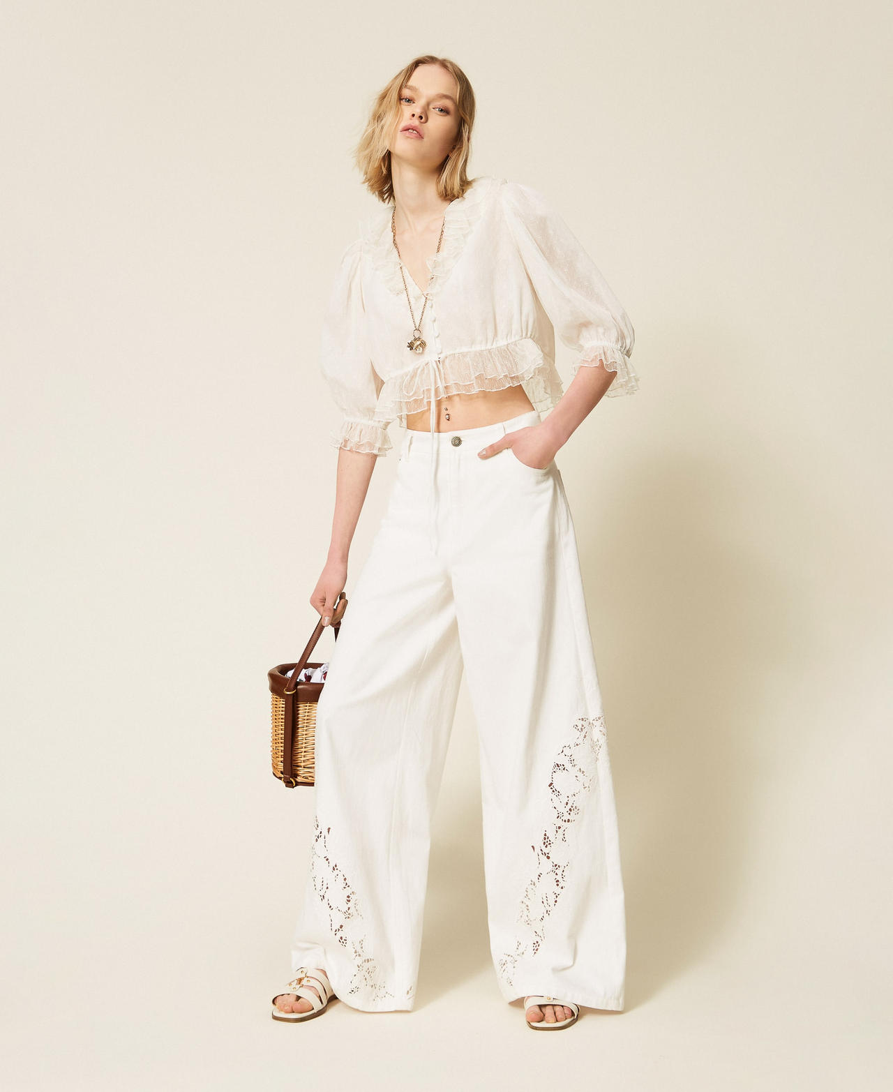 Pantaloni in bull con ricamo Bianco Neve Donna 261TT2461_00282_01