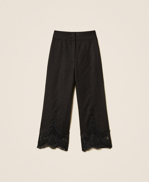 Linen cropped trousers with lace