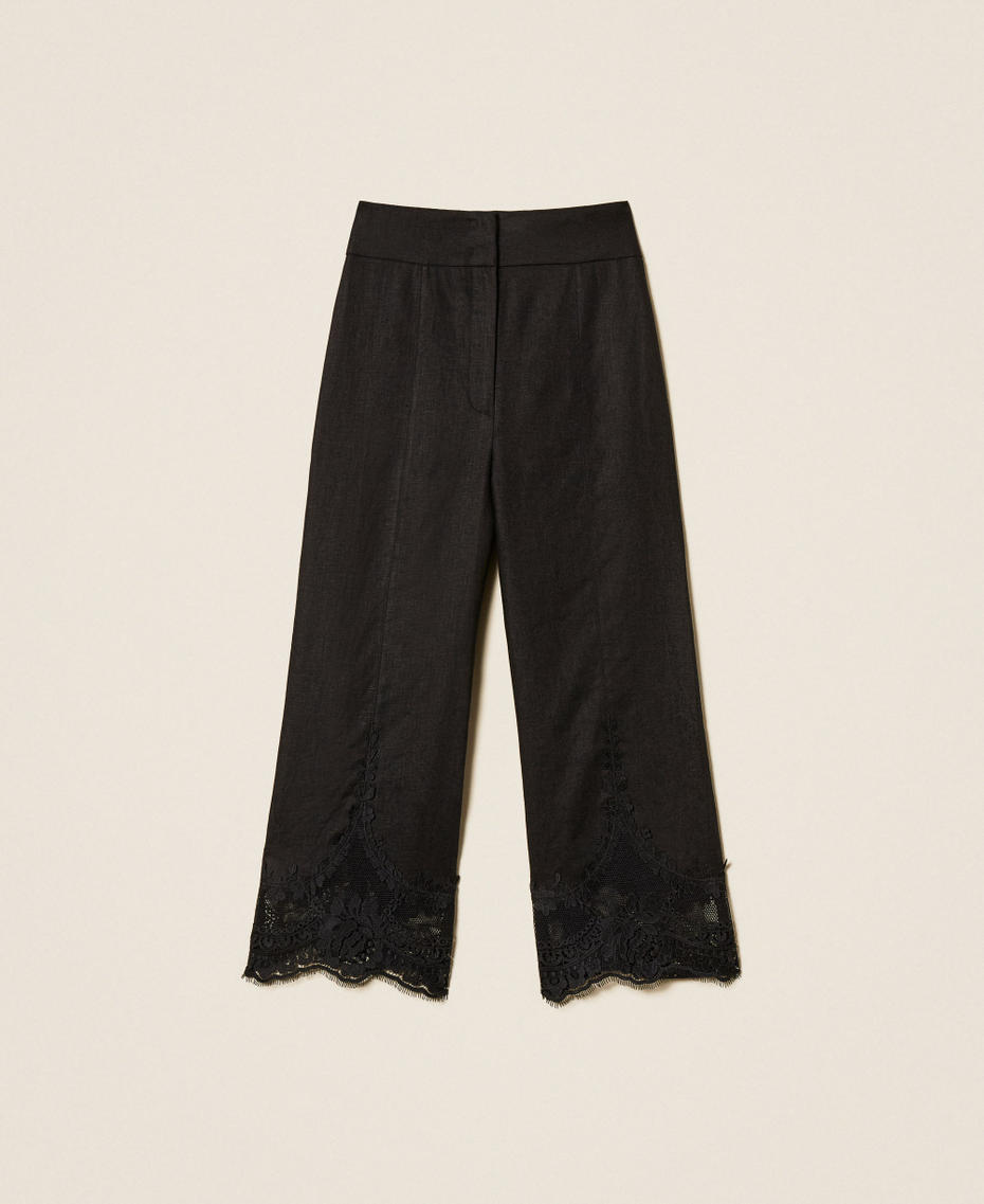 Cropped-Hose aus Leinen mit Spitze Schwarz Frau 261TT2184_00006_S0