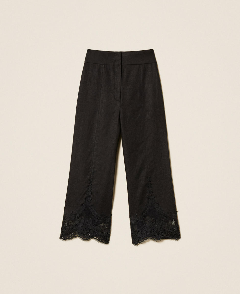 Pantaloni cropped in lino con pizzo Nero Donna 261TT2184_00006_S0
