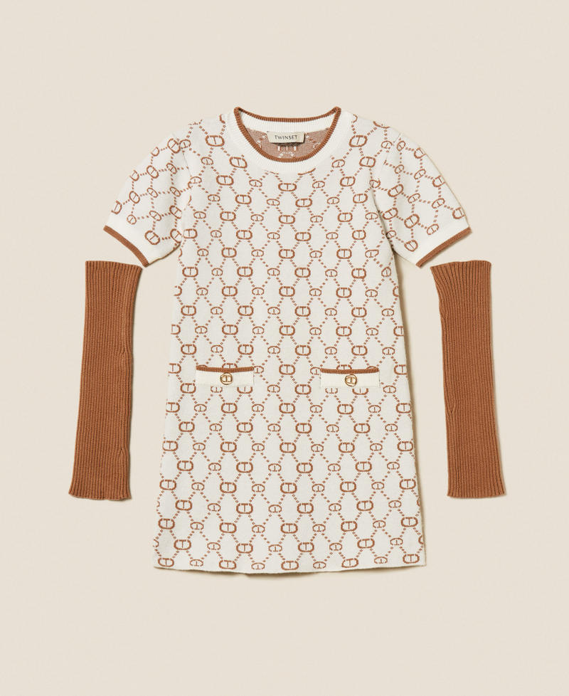 Short jacquard knit dress with removable sleeves Papyrus White/Camel Micro Logo Girl 252GJ3020_12794_S0