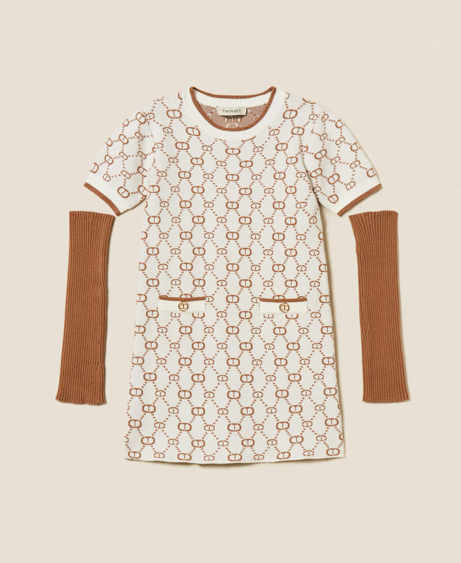 Short jacquard knit dress with removable sleeves Papyrus White/Camel Micro Logo Girl 252GJ3020_12794_S0