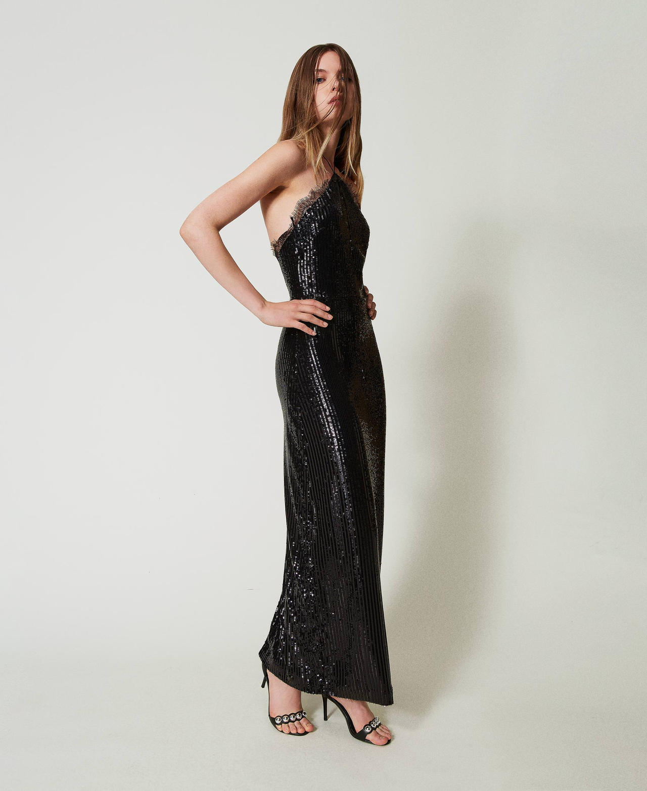 Long sequin dress with lace Black Woman 242AT2340_00006_02