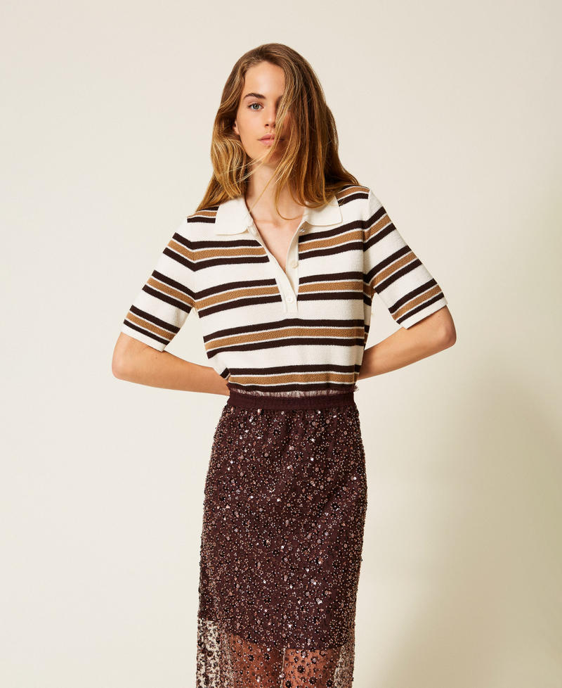 Striped polo shirt Off White/Chocolate/Camel Stripe Woman 252LI3LBB_12726_01
