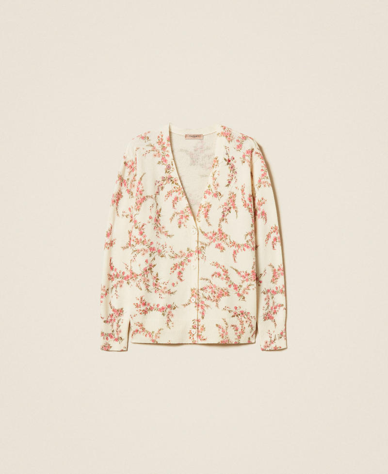 Wool blend knitted maxi cardigan with floral pattern "Snow" White Multicolour Floral Print Woman 262TP3431_13952_S0