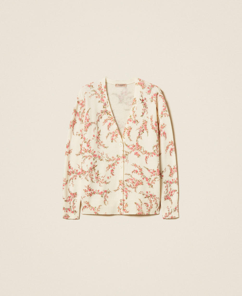 Wool blend knitted maxi cardigan with floral pattern "Snow" White Multicolour Floral Print Woman 262TP3431_13952_S0