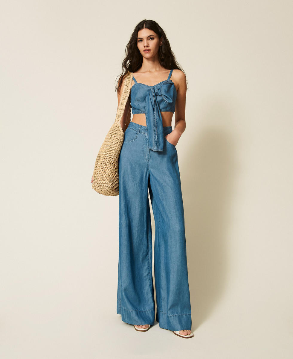 Pantalon palazzo en jean Denim Bleu Clair Femme 261AT2053_07283_T0