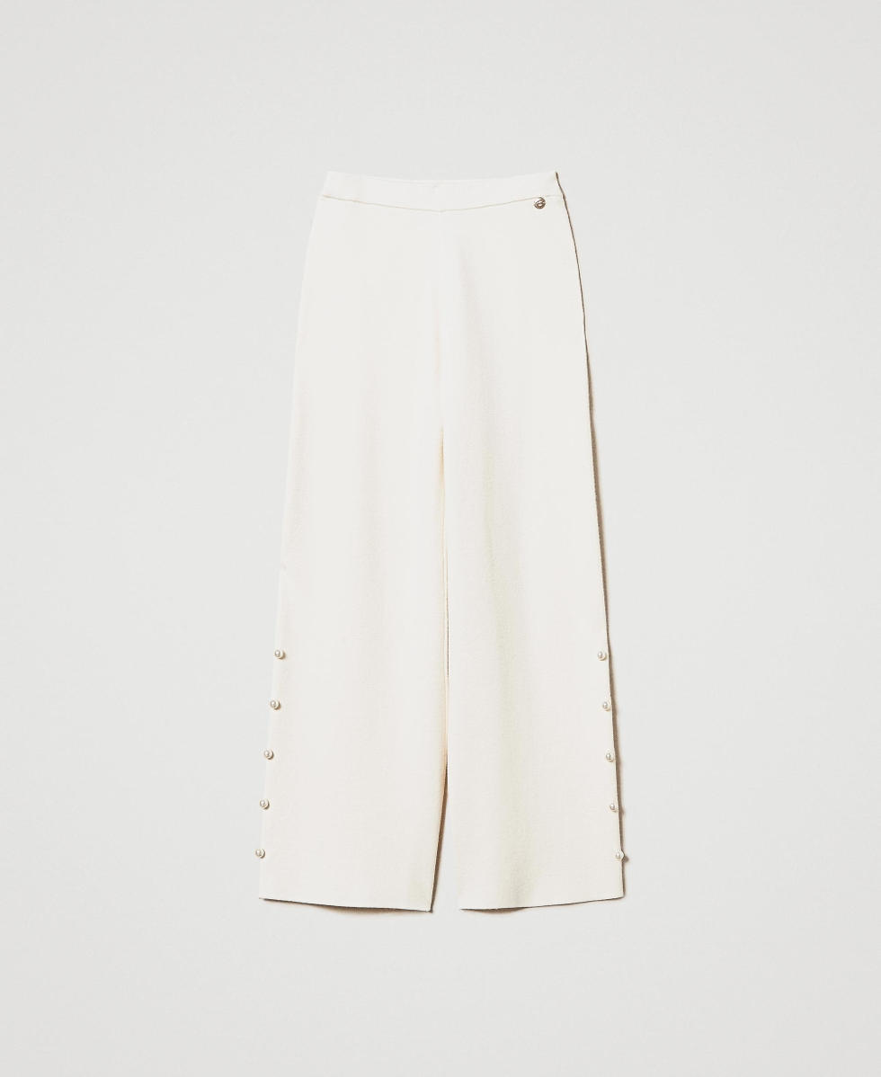 Wide-Leg-Strickhose mit Perlen Wei&szlig; Antique White Frau 242AT3250_00245_S0