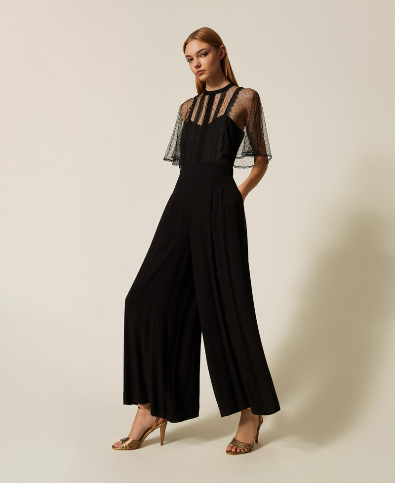 Crêpe and plumetis tulle jumpsuit Black Woman 252TT2340_00006_02
