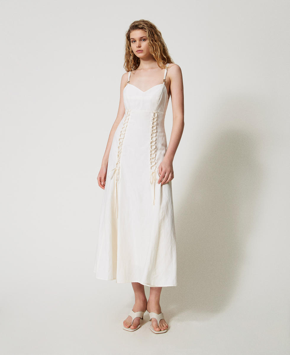 Maxikleid aus Leinenmischung mit Schn&uuml;rungen Wei&szlig; Schnee Frau 251TT2070_00282_01