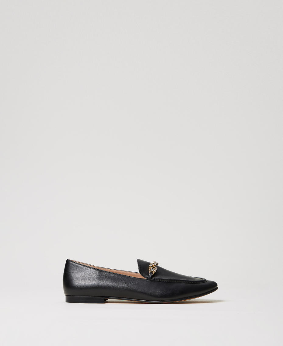 Leather loafers with rhinestone Oval T Black Woman 251TCP134_00006_01