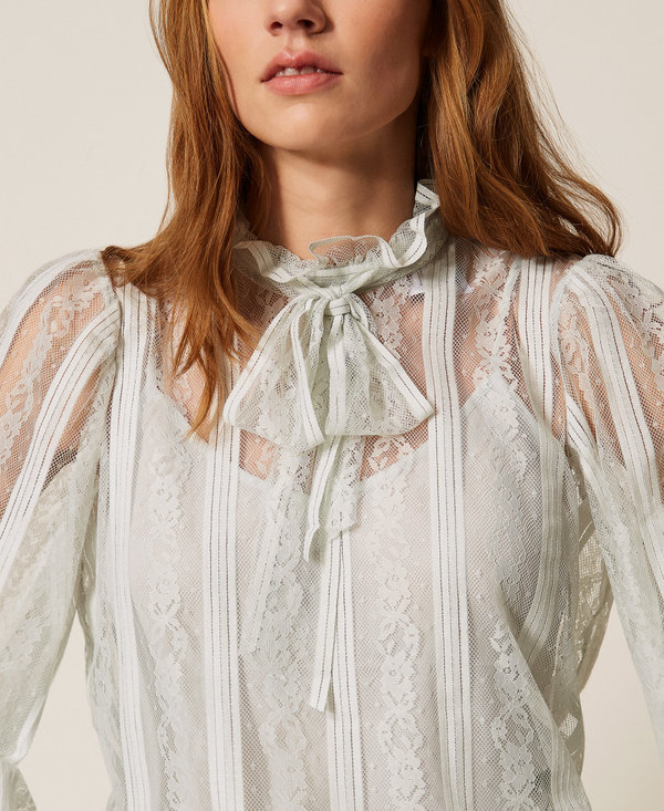 Striped lace blouse with bow