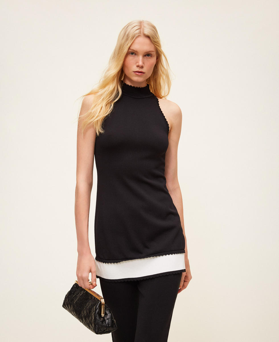 Abito corto in maglia bicolor Bicolor Nero / Bianco Neve Donna 261TP3374_12063_PC