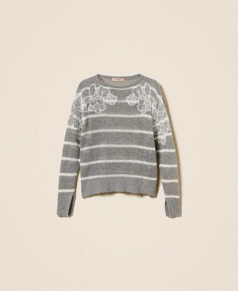Mohair blend jumper with lace and slits Grey Melange/Snow White Stripe Woman 252TP3252_12756_S0