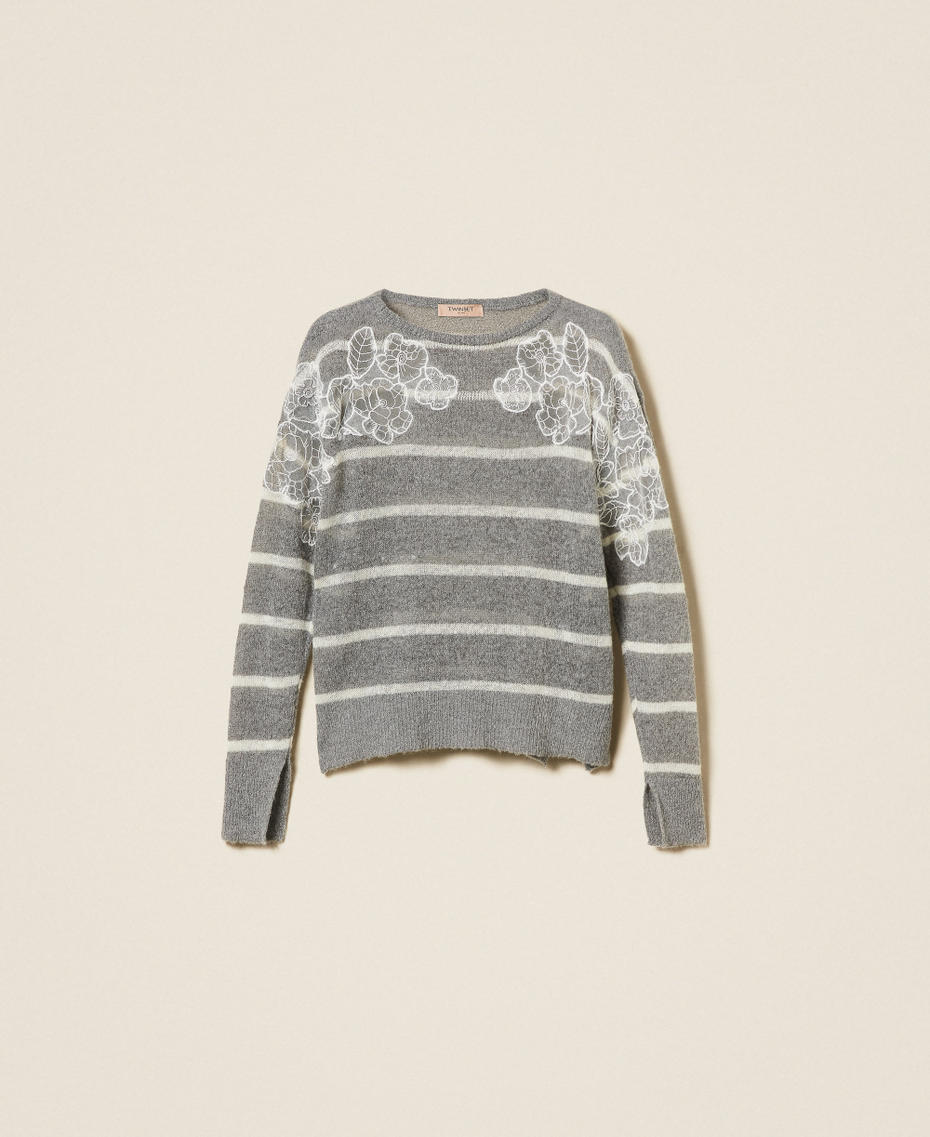 Mohair blend jumper with lace and slits Grey Melange/Snow White Stripe Woman 252TP3252_12756_S0