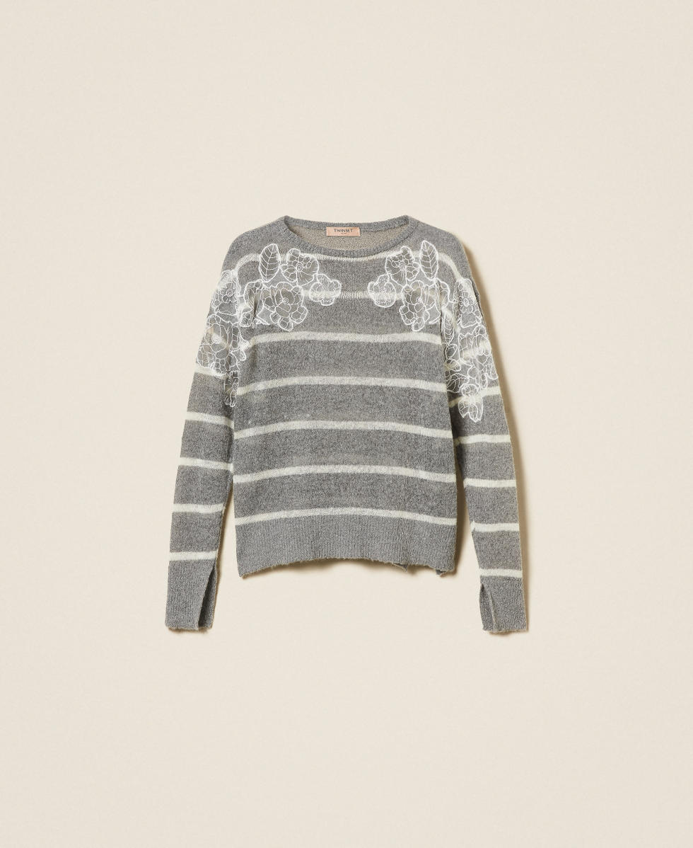 Mohair blend jumper with lace and slits Grey Melange/Snow White Stripe Woman 252TP3252_12756_S0