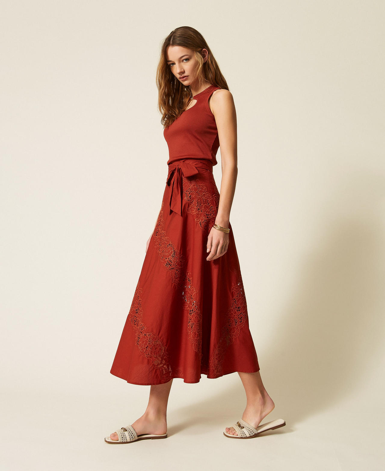 Gonna lunga in popeline e sangallo Brown "Henna" Donna 261TT2030_13332_02