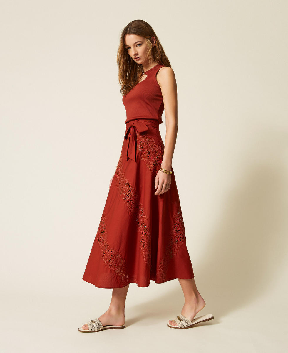 Jupe longue en popeline et broderie anglaise Marron &laquo;&nbsp;Henn&eacute;&nbsp;&raquo; Femme 261TT2030_13332_02