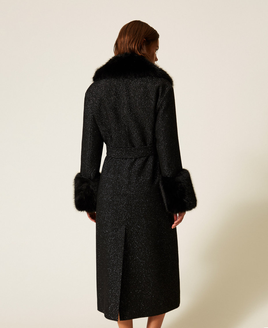 Manteau long en drap avec fausse fourrure Sel Poivre Noir/Argent Femme 252TT2040_12892_03