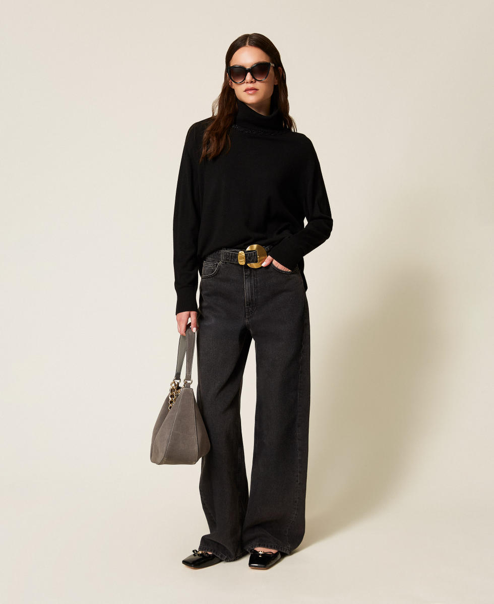 Pull col roul&eacute; avec lurex et torsade Noir Femme 252LL3NBB_00006_T0