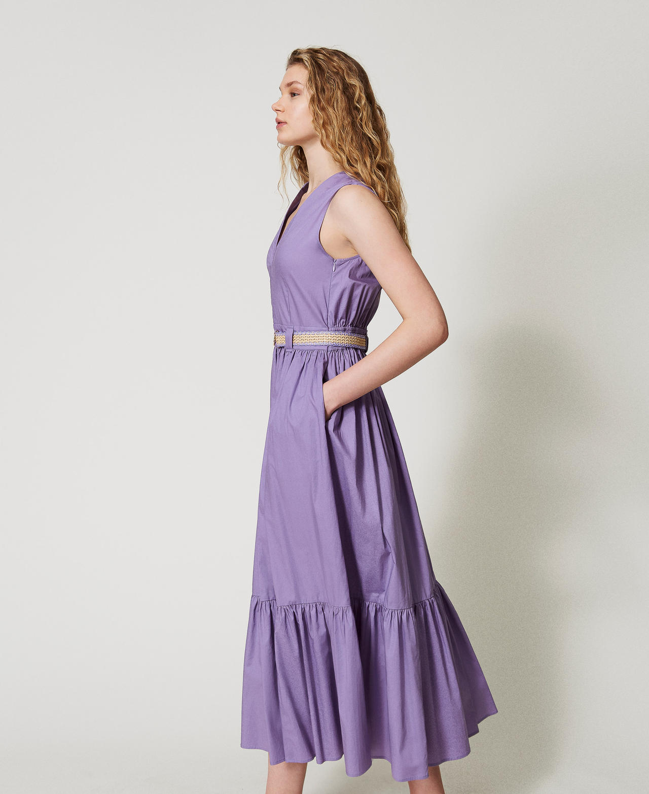 Long poplin dress with flounce Cold Lavender Woman 251TT2101_11948_02