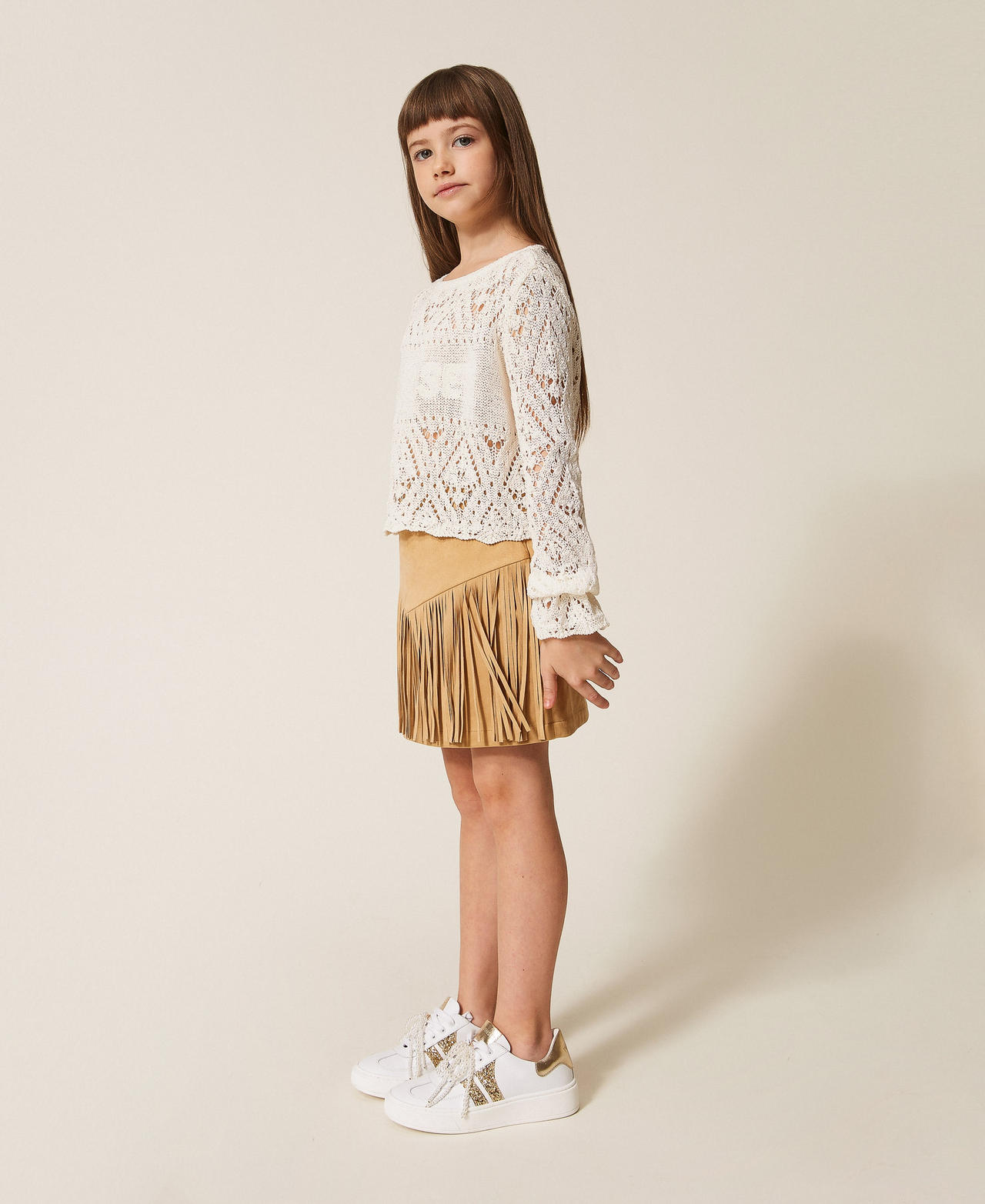 Jupe courte en su&eacute;dine avec franges Beige &laquo;&nbsp;Safari&nbsp;&raquo; Fille 261GJ2141_13191_02