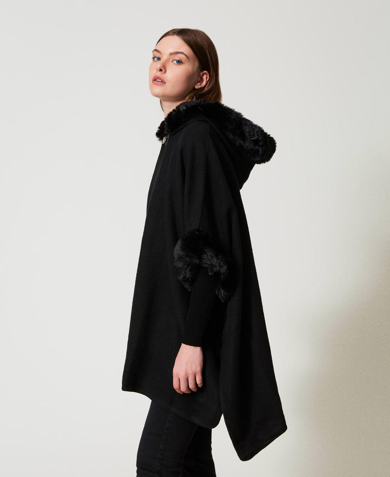 Wool cloth and faux fur poncho Black Woman 242TO5700_00006_01